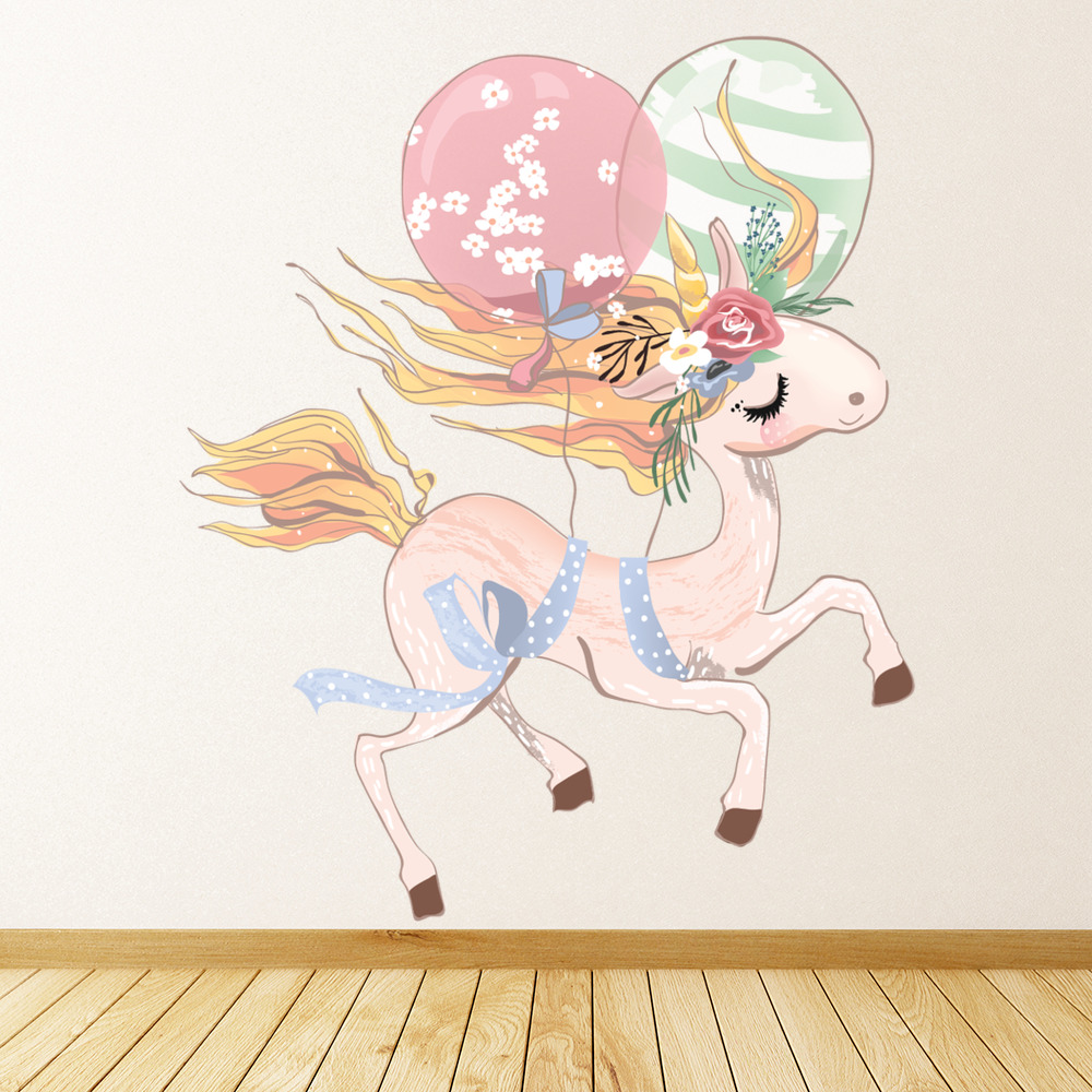 Beautiful Unicorn Flowers Balloons Wall Sticker