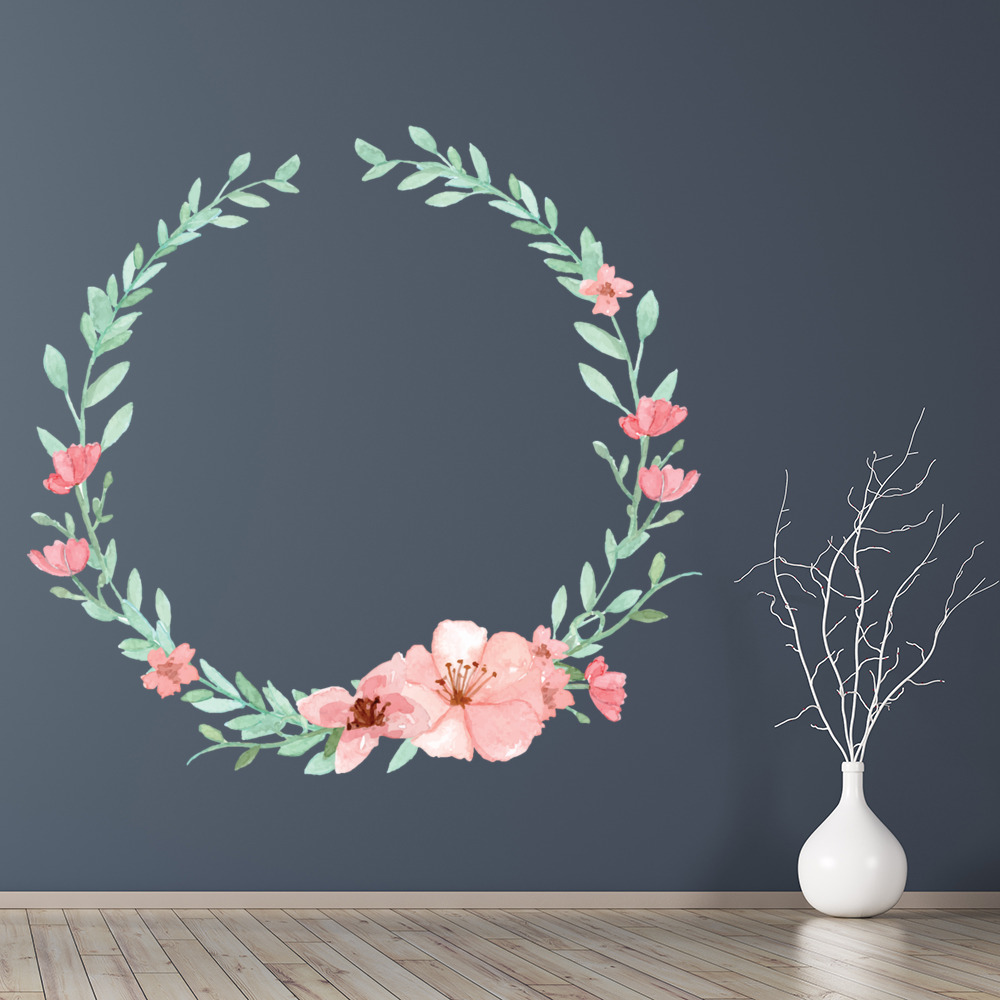 Pink Flowers Green Wreath Wall Sticker