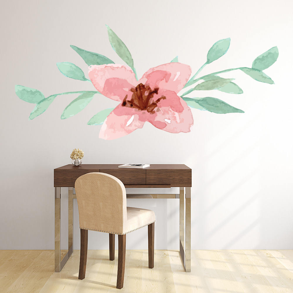 Pink Flower Green Floral Wall Sticker