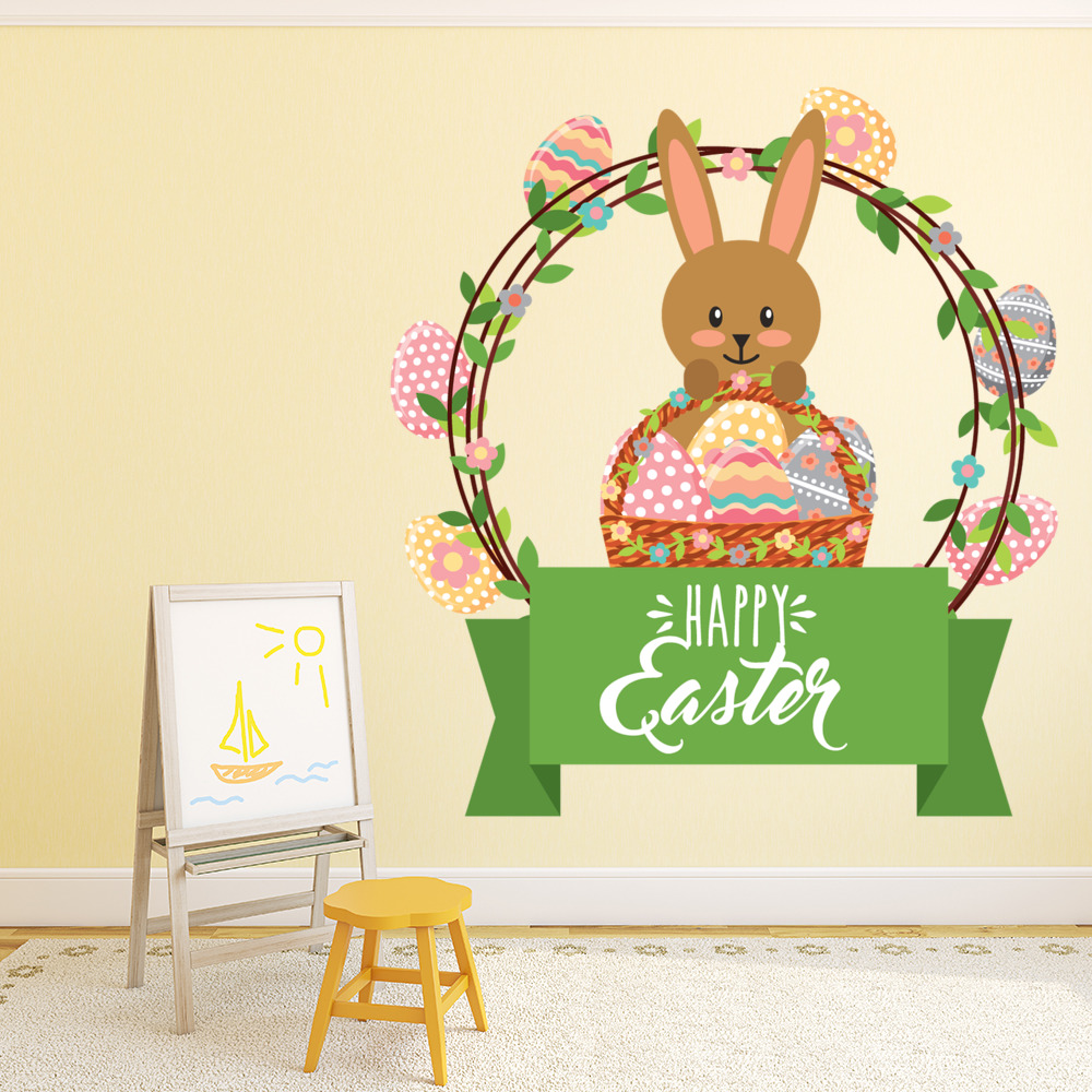 Green Happy Easter Bunny Eggs Wall Sticker