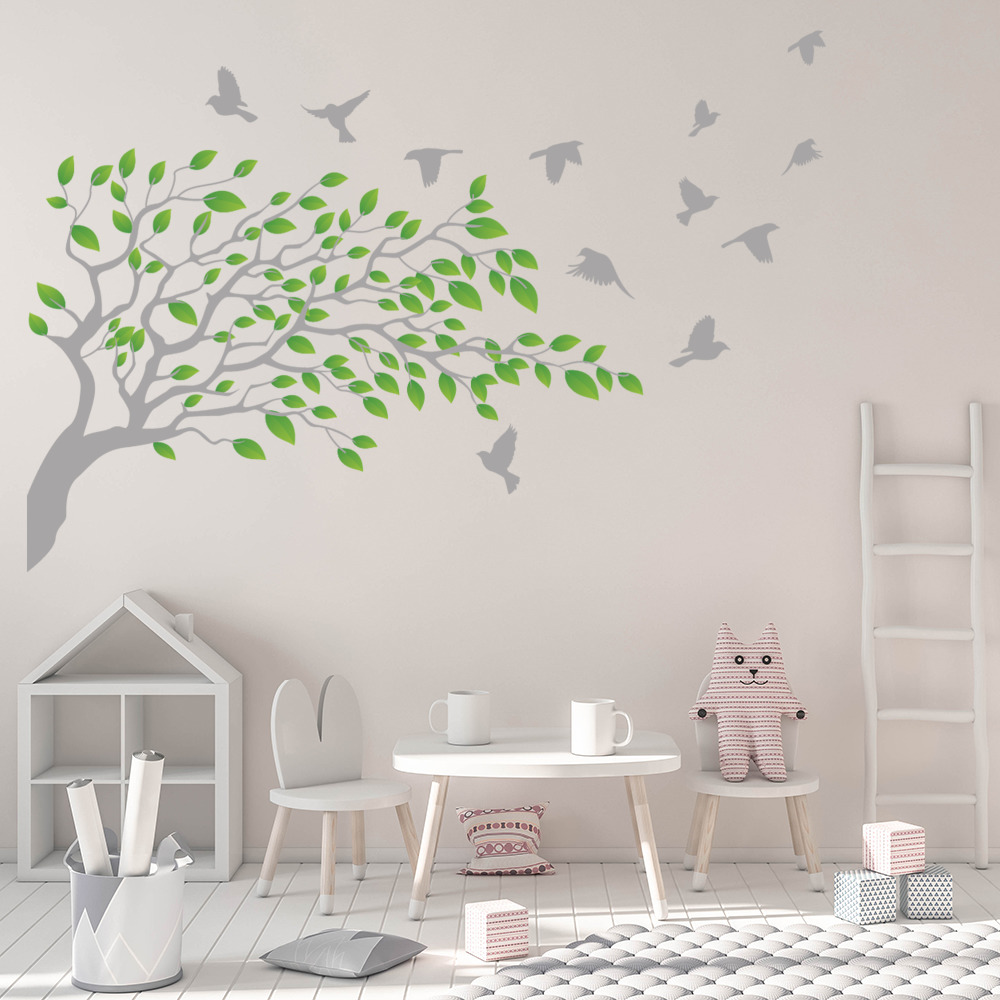 Green Leaves Grey Tree Wall Sticker