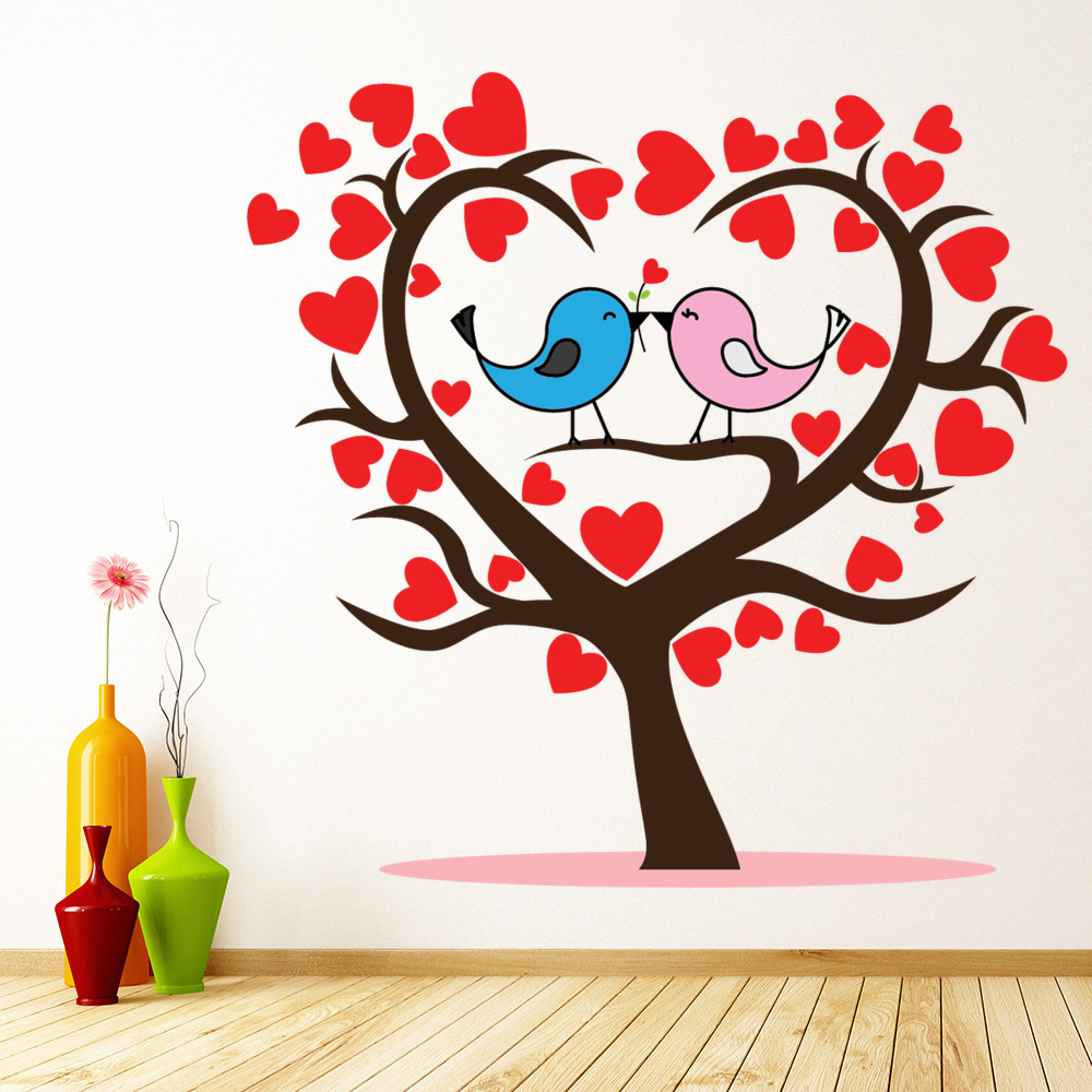 Cute Bird Tree Pink Love Hearts Wall Sticker | Icon Wall Stickers