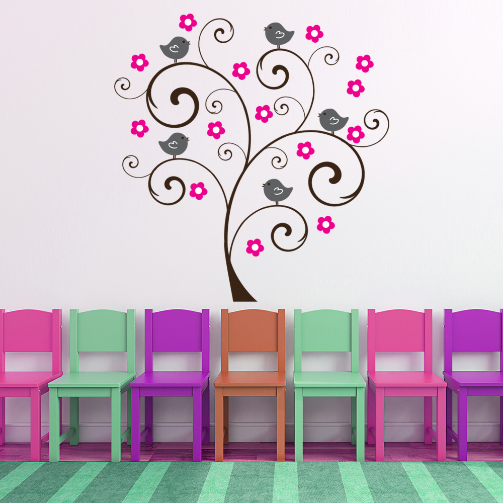 Pink Bird Tree Flowers Wall Sticker