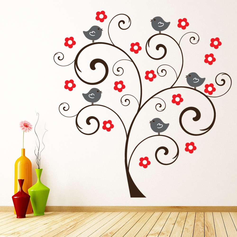 Red Bird Tree Flowers Wall Sticker