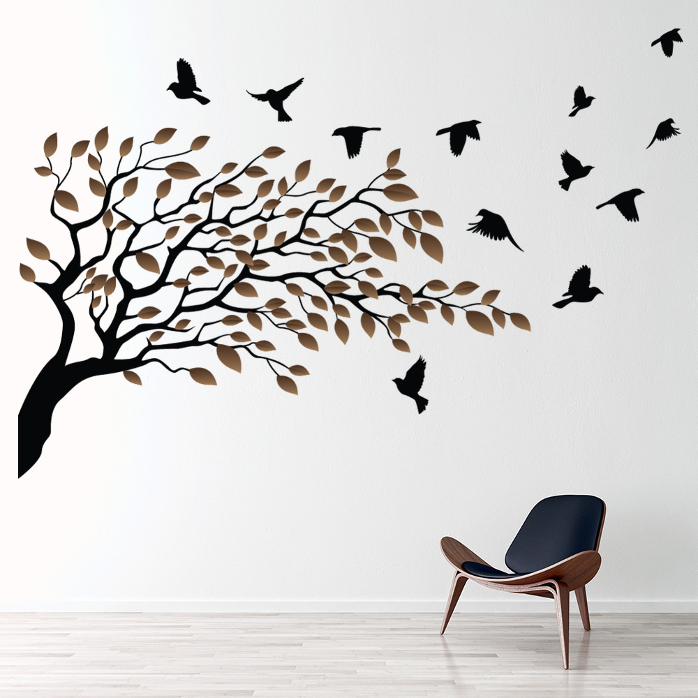 Birds Tree Brown Autumn Leaves Wall Sticker