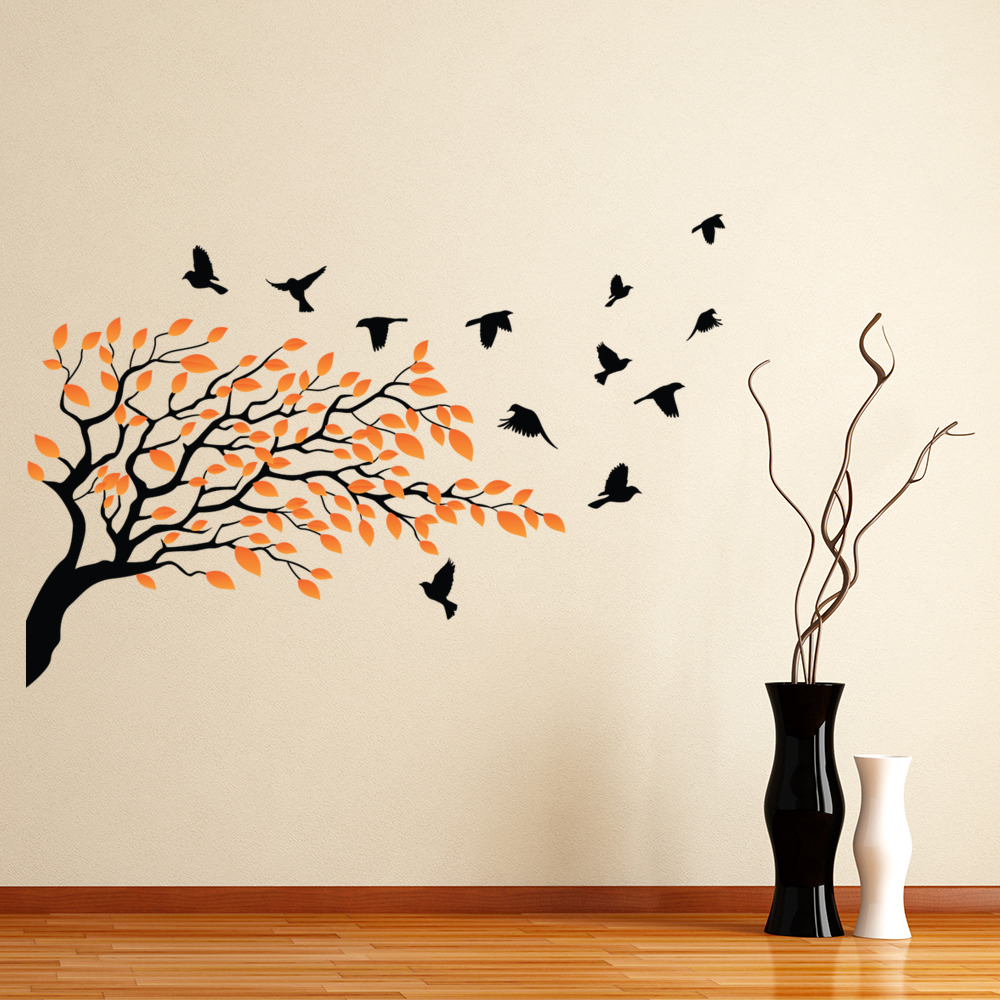 Birds Tree Orange Autumn Leaves Wall Sticker