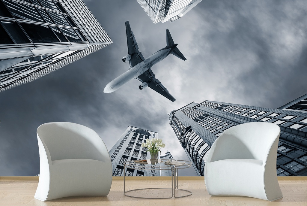 Airplane & City Skyscrapers Wall Mural Wallpaper