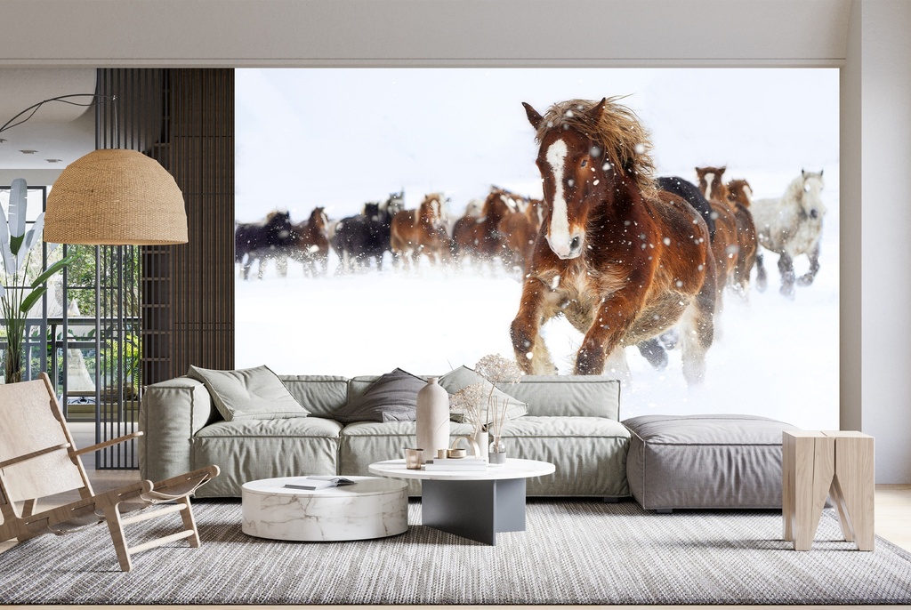 Galloping Horse Winter Snow Wall Mural Wallpaper