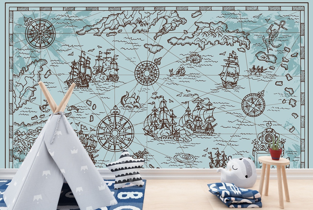Blue Pirate Map Caribbean Sea Wall Mural Wallpaper