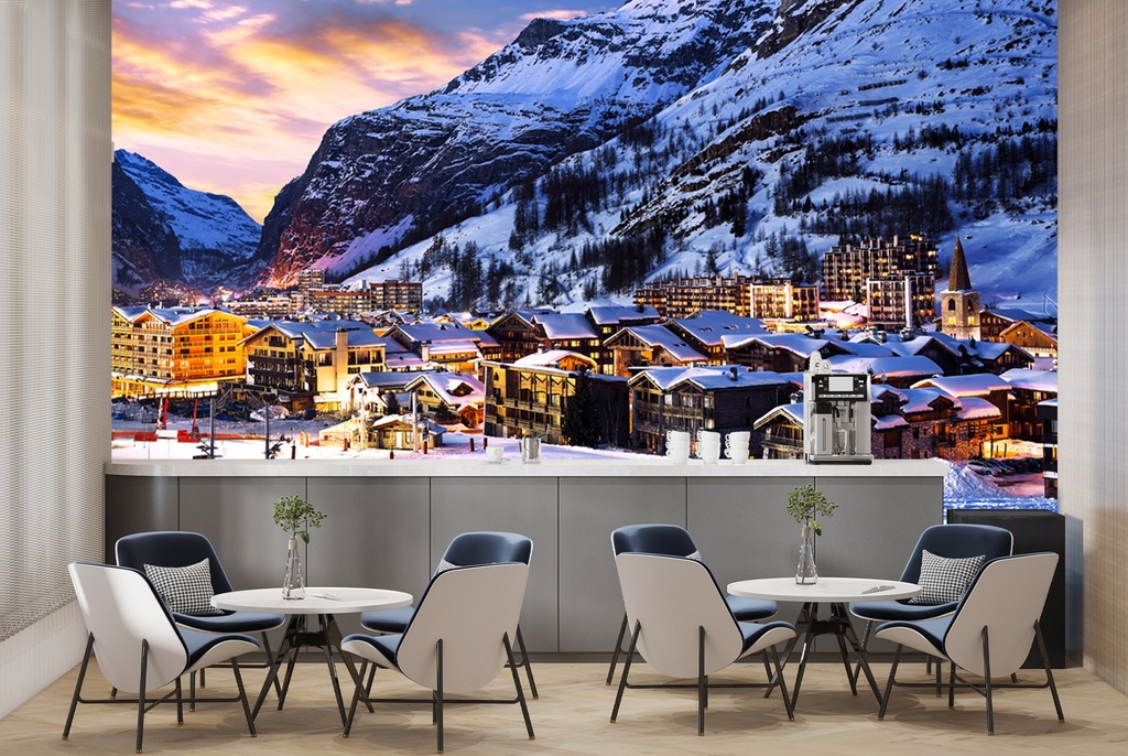 French Alps Winter Village Wall Mural Wallpaper