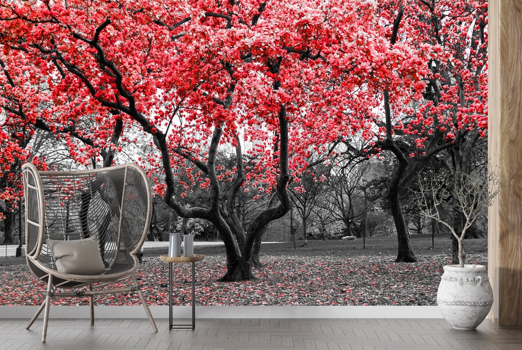 Red Flower Trees Wall Mural Wallpaper