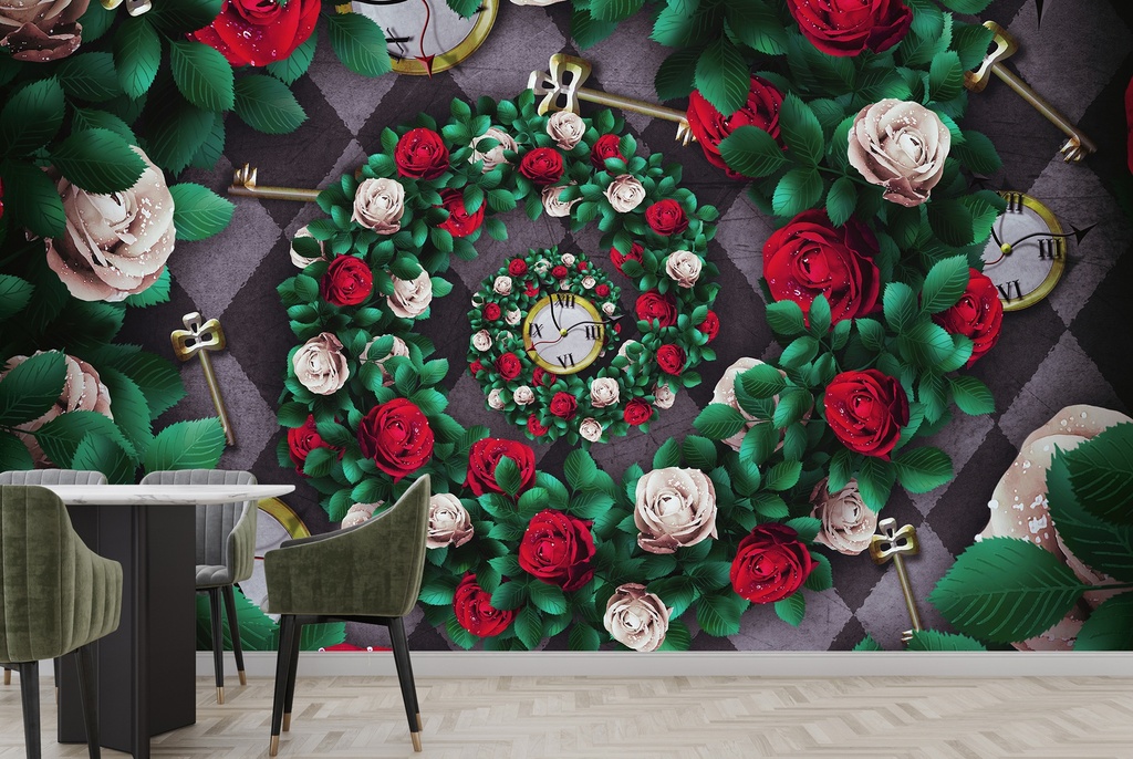 Roses Pocket Watch Alice Wonderland Wall Mural Wallpaper