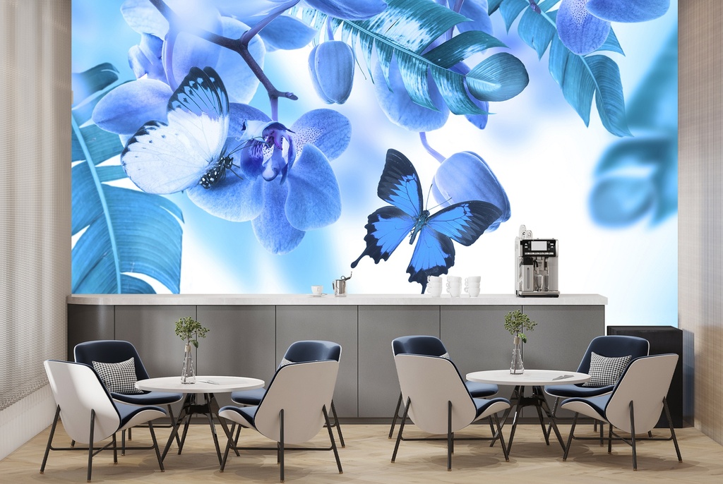 Blue Orchid Flower Butterfly Wall Mural Wallpaper