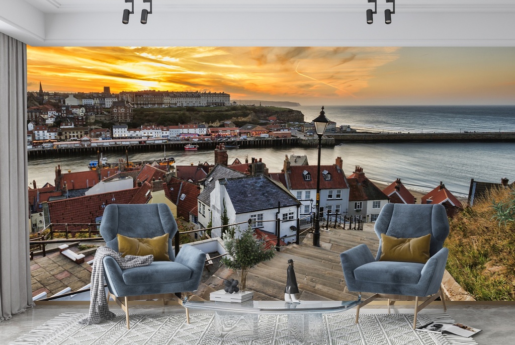 Whitby Harbour English Sunset Wall Mural Wallpaper