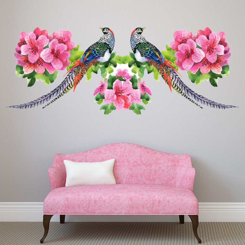 Pink Flowers Pheasant Border Wall Sticker