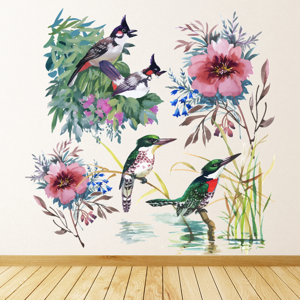 Wild Birds Pink Flowers Wall Sticker Set