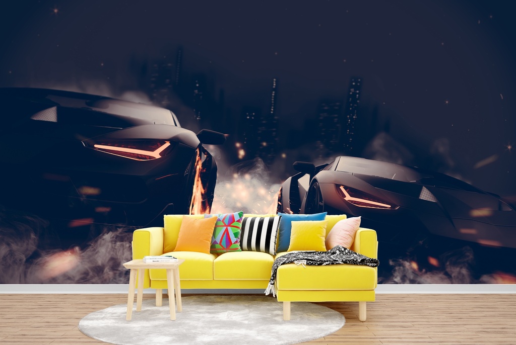 Black Sports Car Night Race Wall Mural Wallpaper