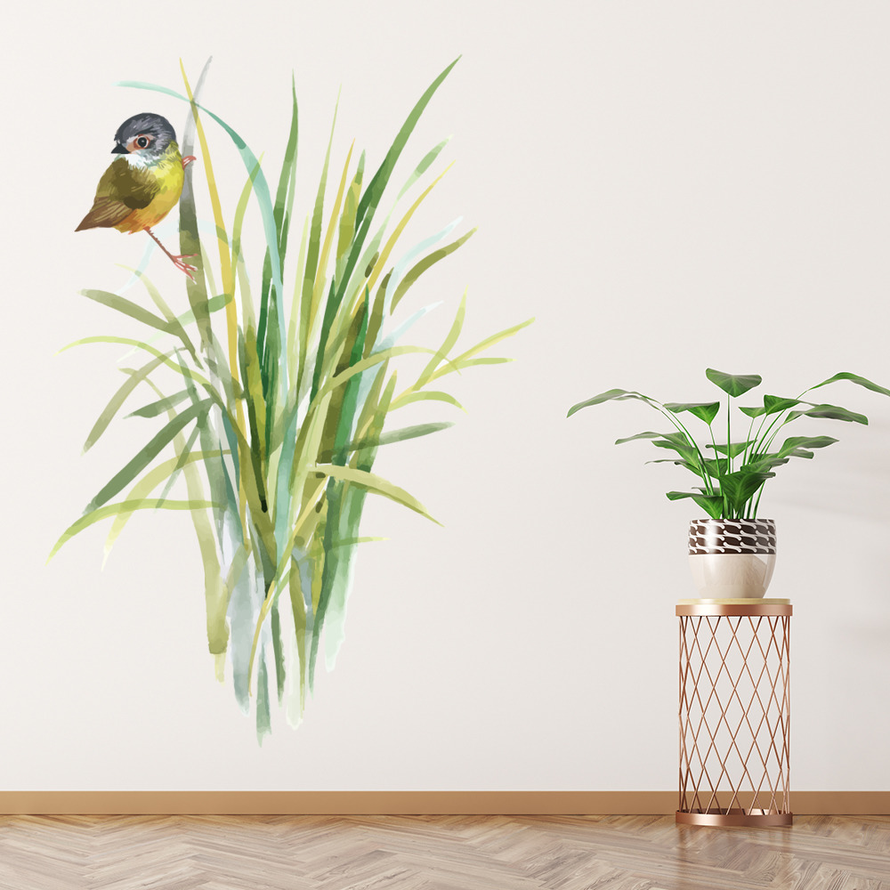 Green Reed Flower Little Bird Wall Sticker