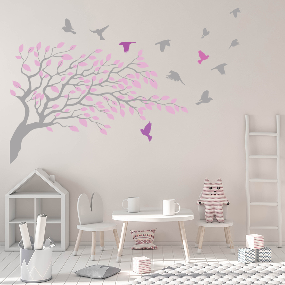 Rose Pink & Grey Tree Branch Wall Sticker