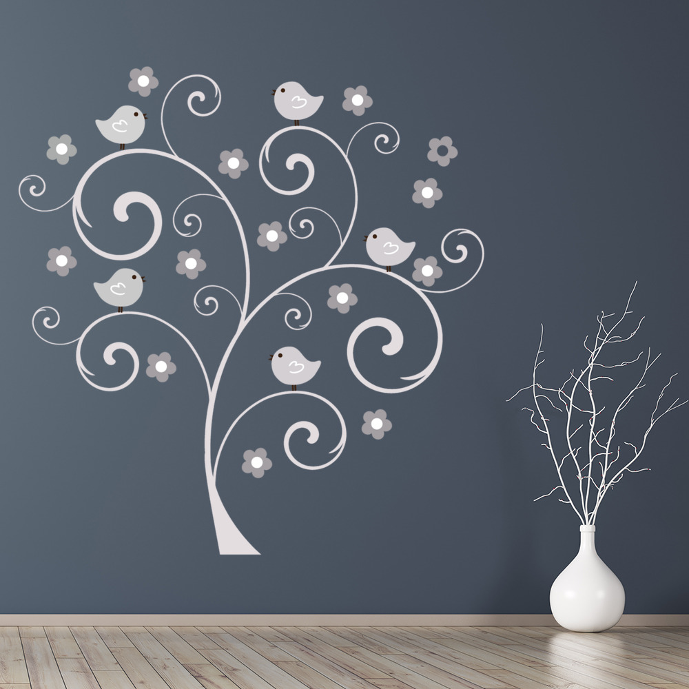 Grey Bird Tree Flowers Wall Sticker