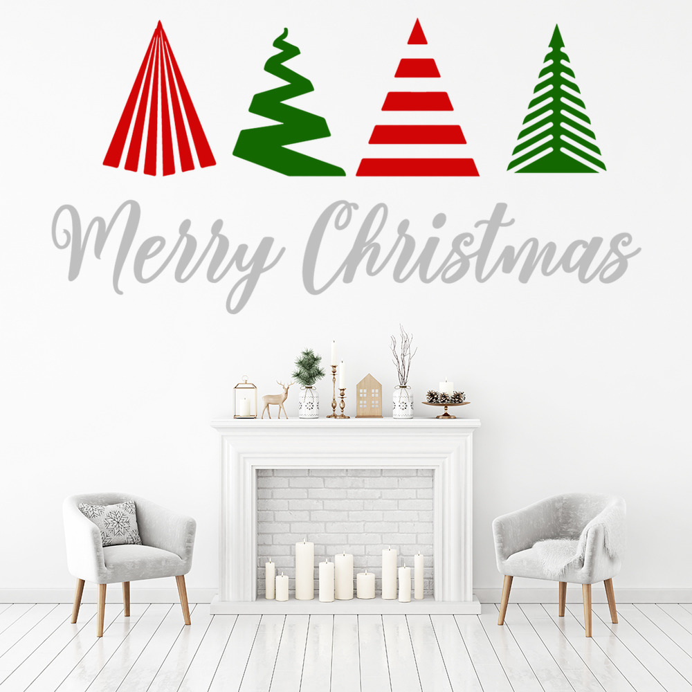 Merry Christmas Red Green Trees Wall Sticker