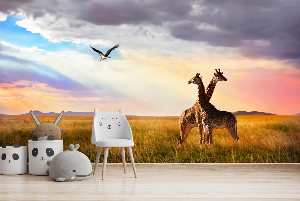 Giraffe Savannah Sunset Wall Mural Wallpaper