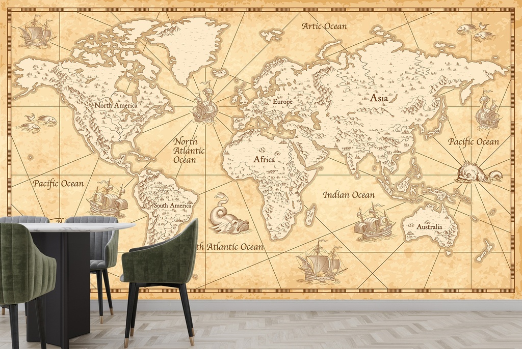 Vintage Parchment World Map Wall Mural Wallpaper