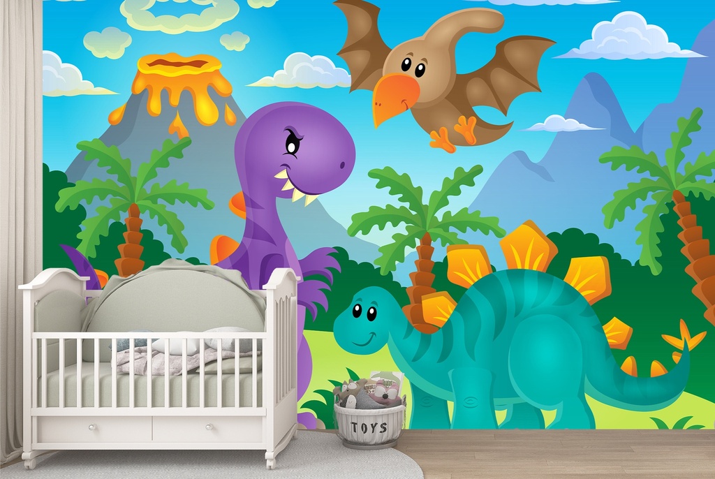 Cute Dinosaurs & Volcano Kids Wall Mural Wallpaper