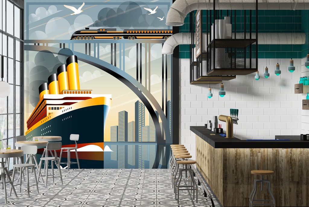 Vintage Travel Cruise Ship Wall Mural Wallpaper