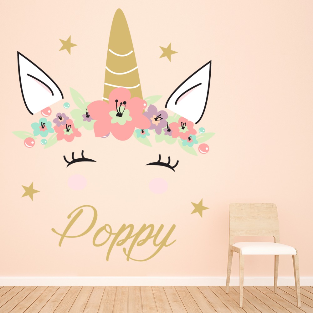 Custom Name Unicorn Eyelashes Wall Sticker Personalised Kids Room Decal