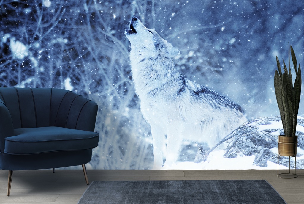 Howling Grey Wolf In Winter Forest Wall Mural Wallpaper