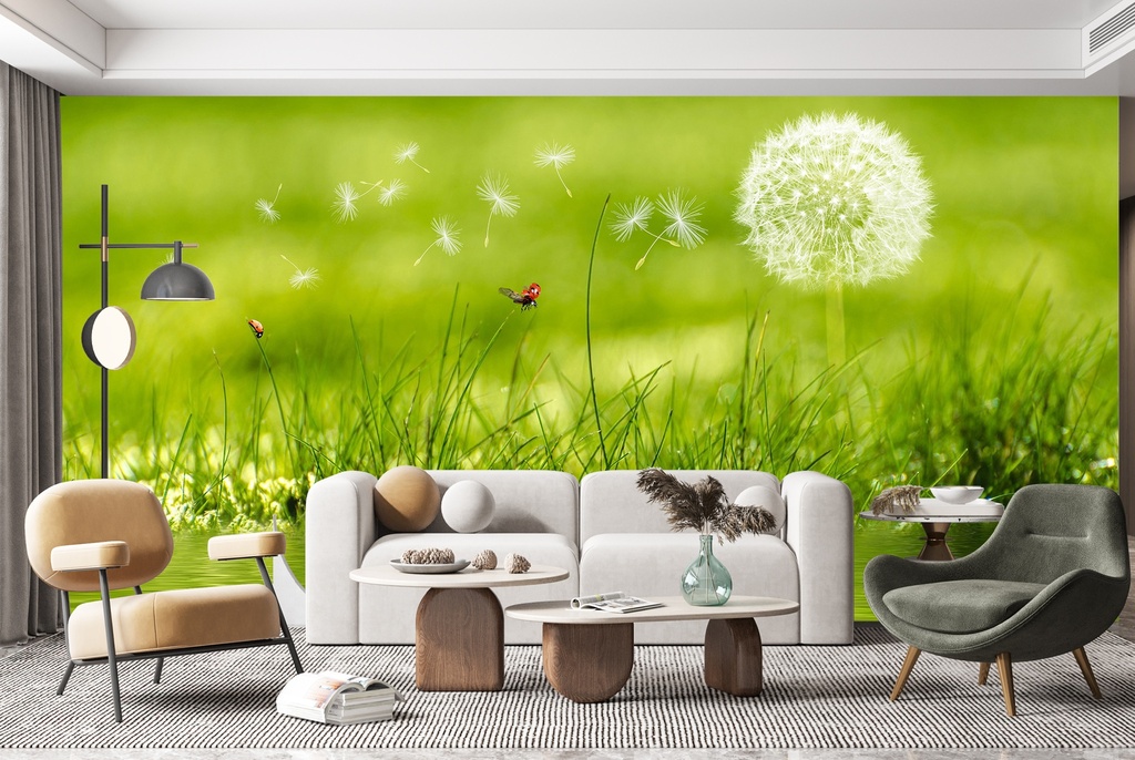 White Dandelion In Green Grass Wall Mural Wallpaper