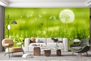 White Dandelion In Green Grass Wall Mural Wallpaper