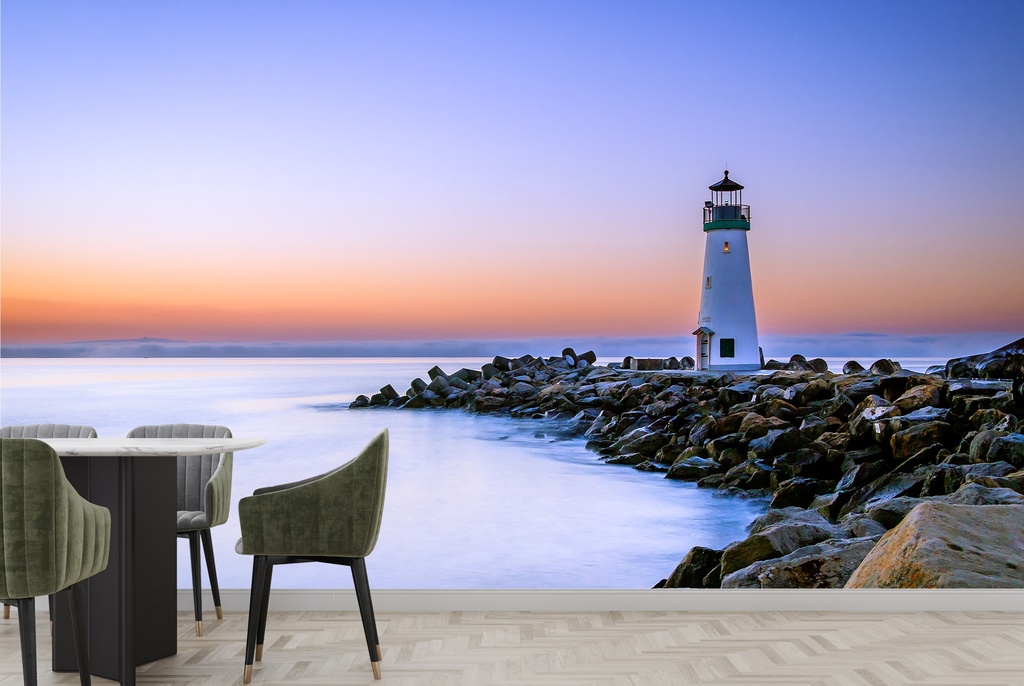 Lighthouse Calm Ocean Sunset Wall Mural Wallpaper