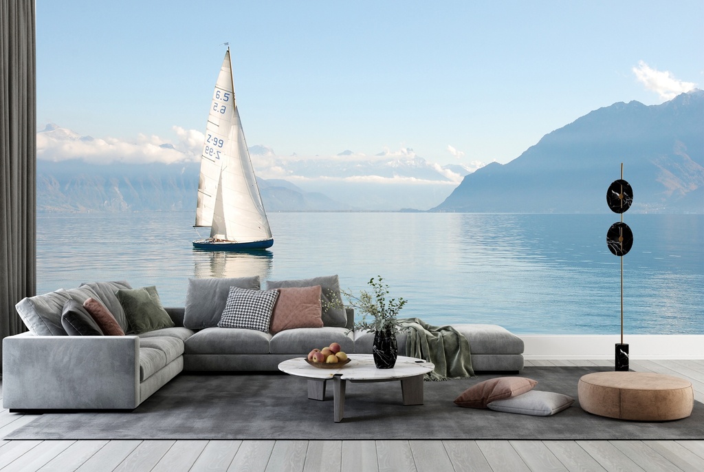 White Sailboat & Mountains Wall Mural Wallpaper