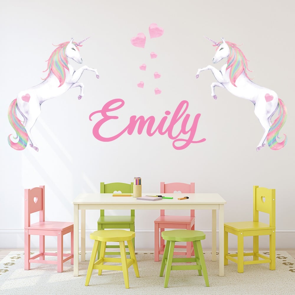 Custom Name Unicorns & Hearts Wall Sticker Personalised Kids Room Decal