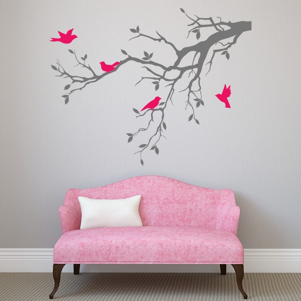 Grey Tree Branch Pink Birds Wall Sticker