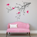 Grey Tree Branch Pink Birds Wall Sticker