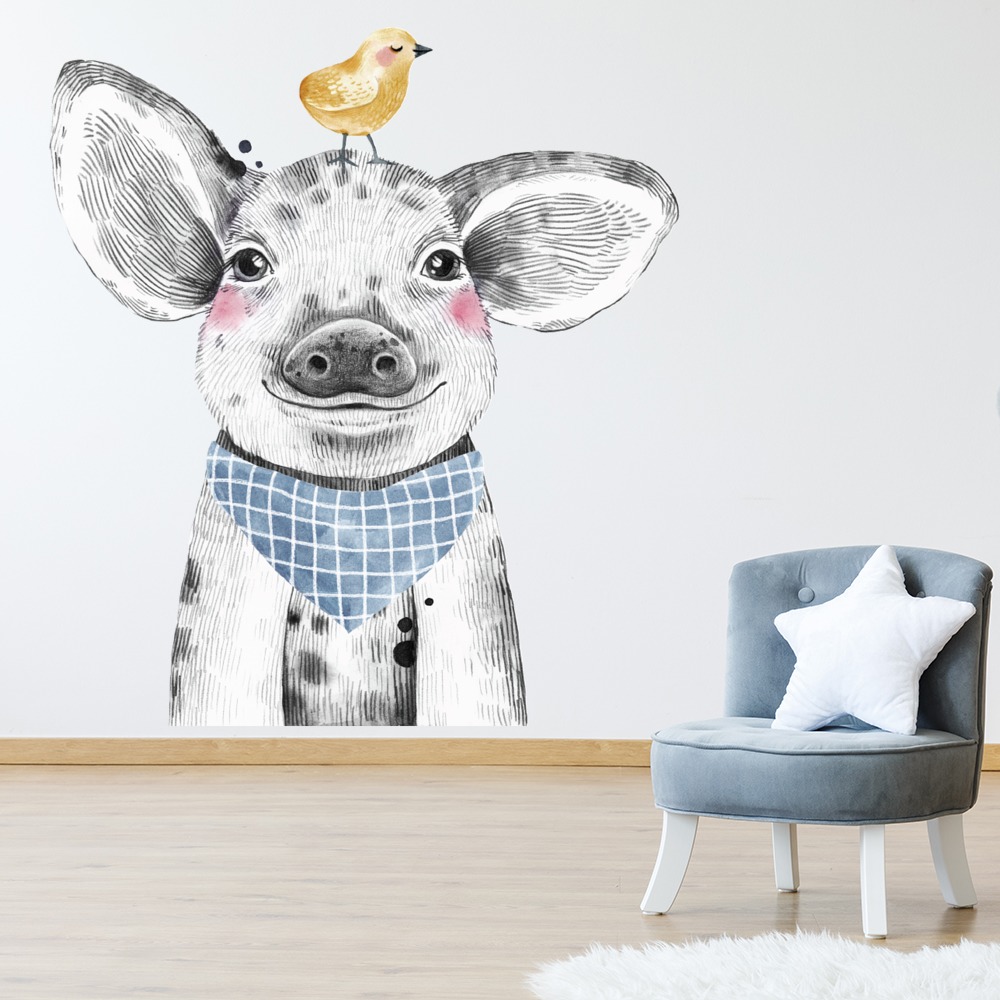 Cute Pig & Bird Baby Farmyard Nursery Wall Sticker