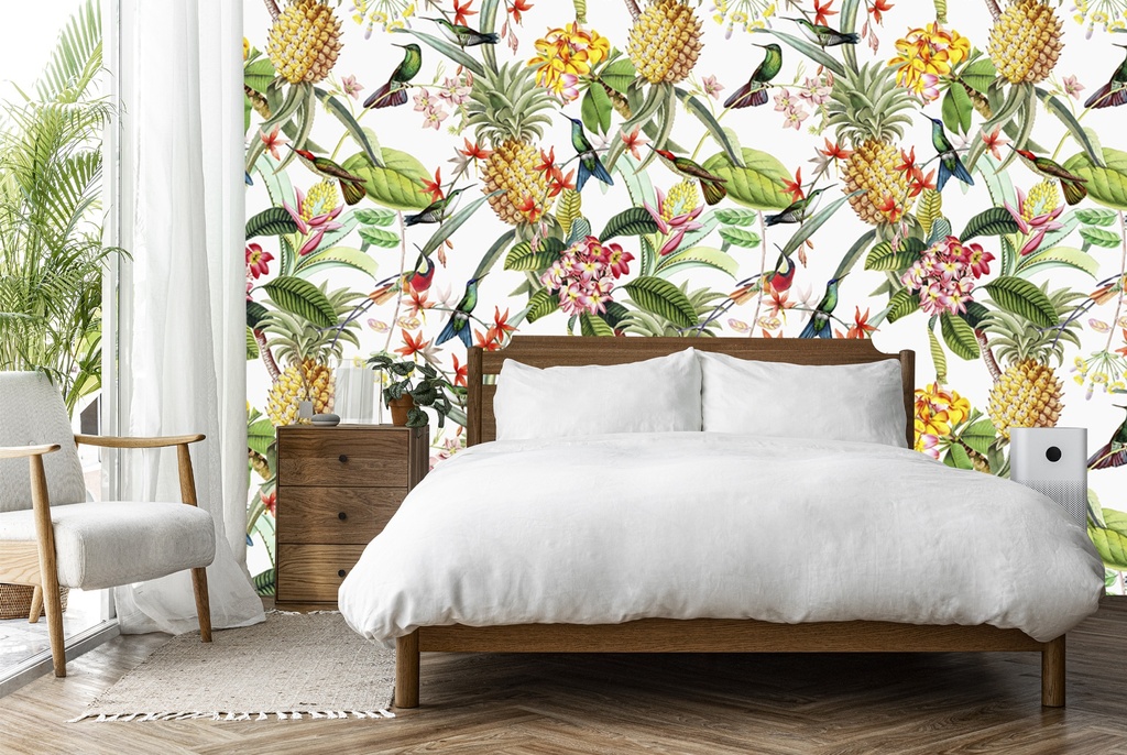Pink Pineapple & Tropical Birds Wall Mural by Uta Naumann