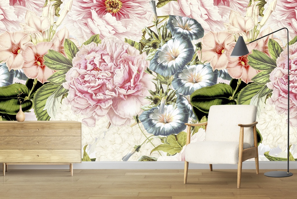 Pink & Blue Floral Wall Mural by Uta Naumann