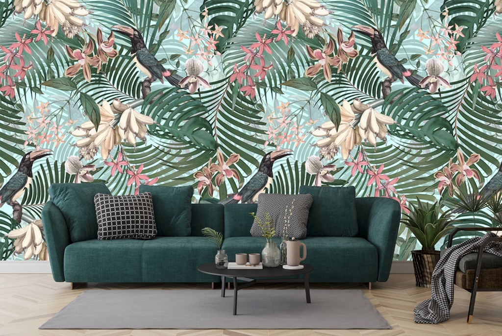 Tropical Palms & Birds Wall Mural by Uta Naumann