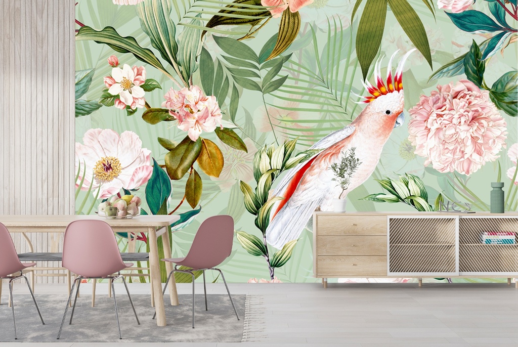 Tropical Cockatoo, Palm & Flowers Wall Mural by Uta Naumann