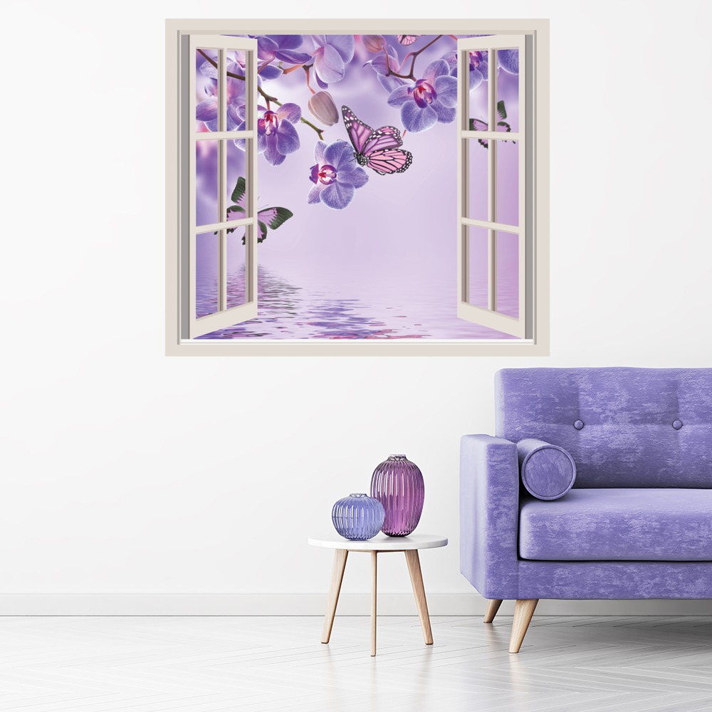 Purple Butterfly Flowers 3D Window Wall Sticker