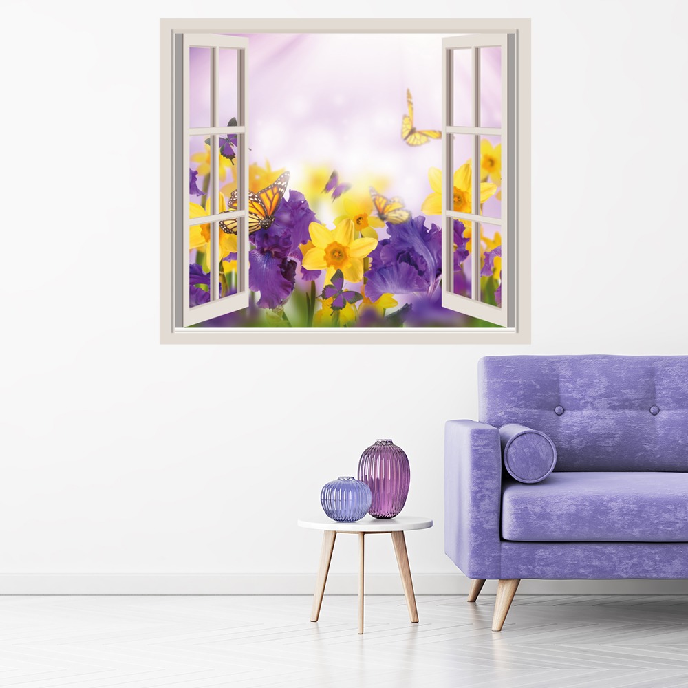Purple & Yellow Flowers 3D Window Wall Sticker