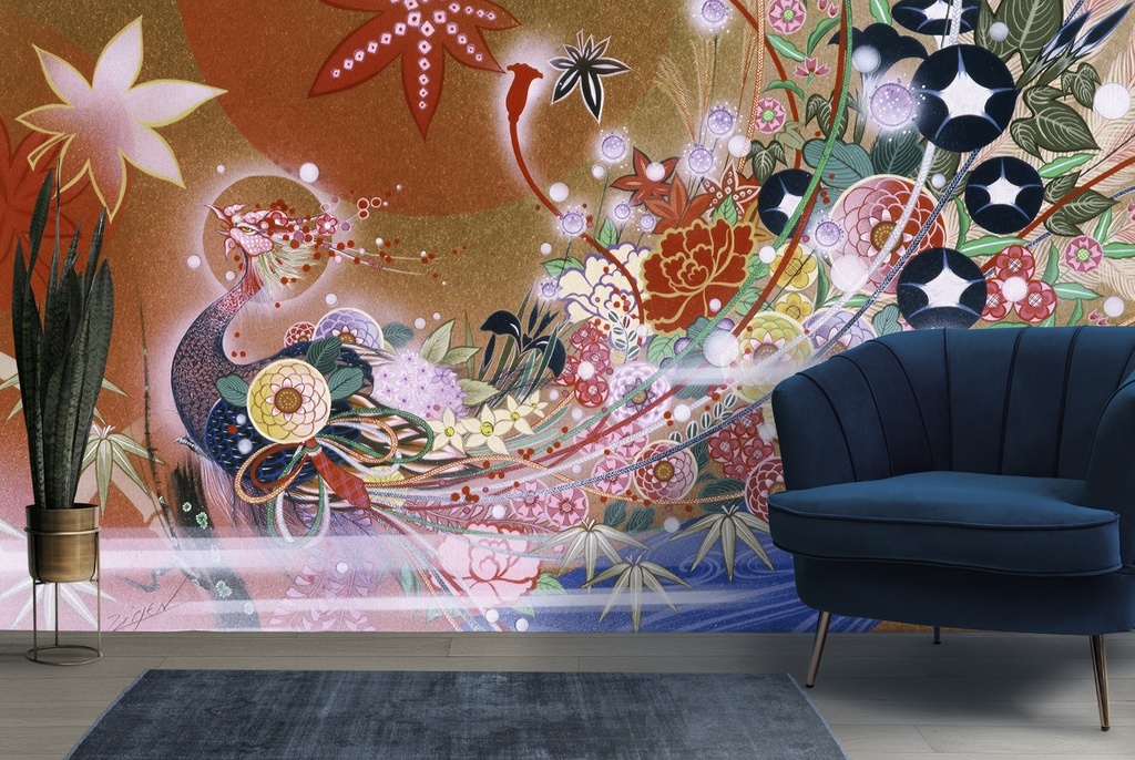 Flowers Peacock Wall Mural by Zigen Tanabe