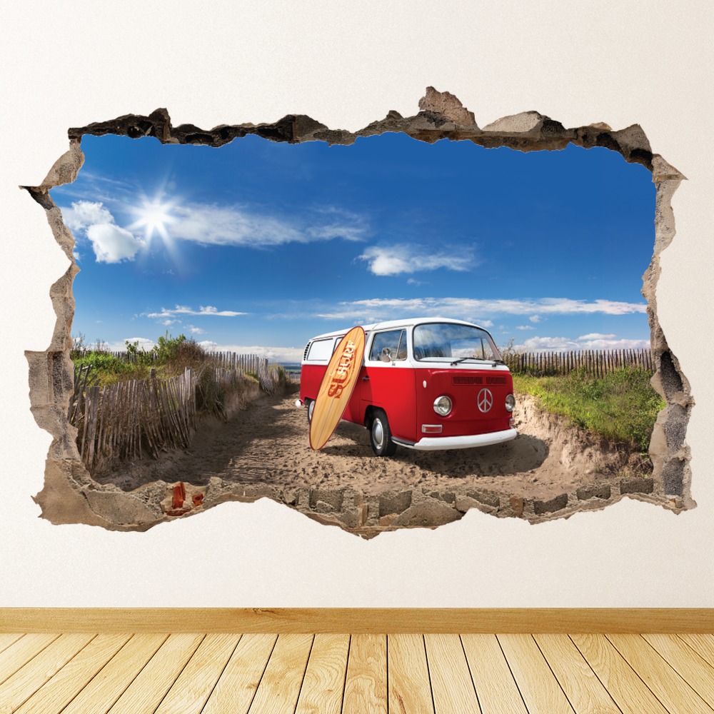 Red Campervan 3D Hole In The Wall Sticker | Icon Wall Stickers