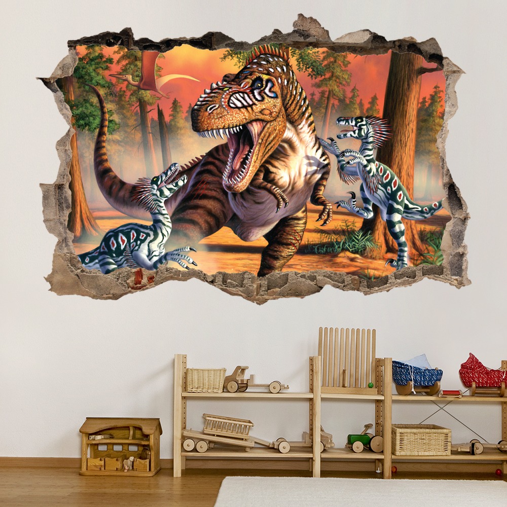 T-Rex Dinosaur Battle 3D Hole In The Wall Sticker | Icon Wall Stickers