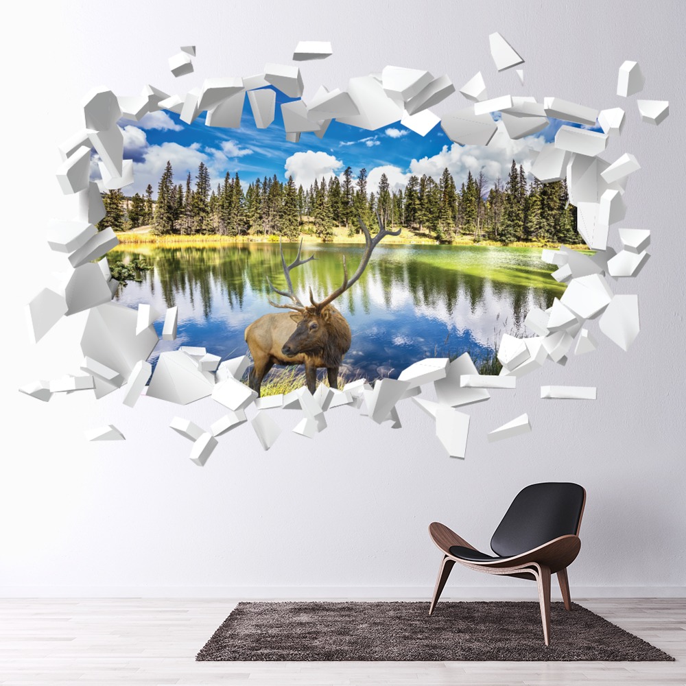 Stag Landscape White Brick 3D Hole In The Wall Sticker | Icon Wall Stickers