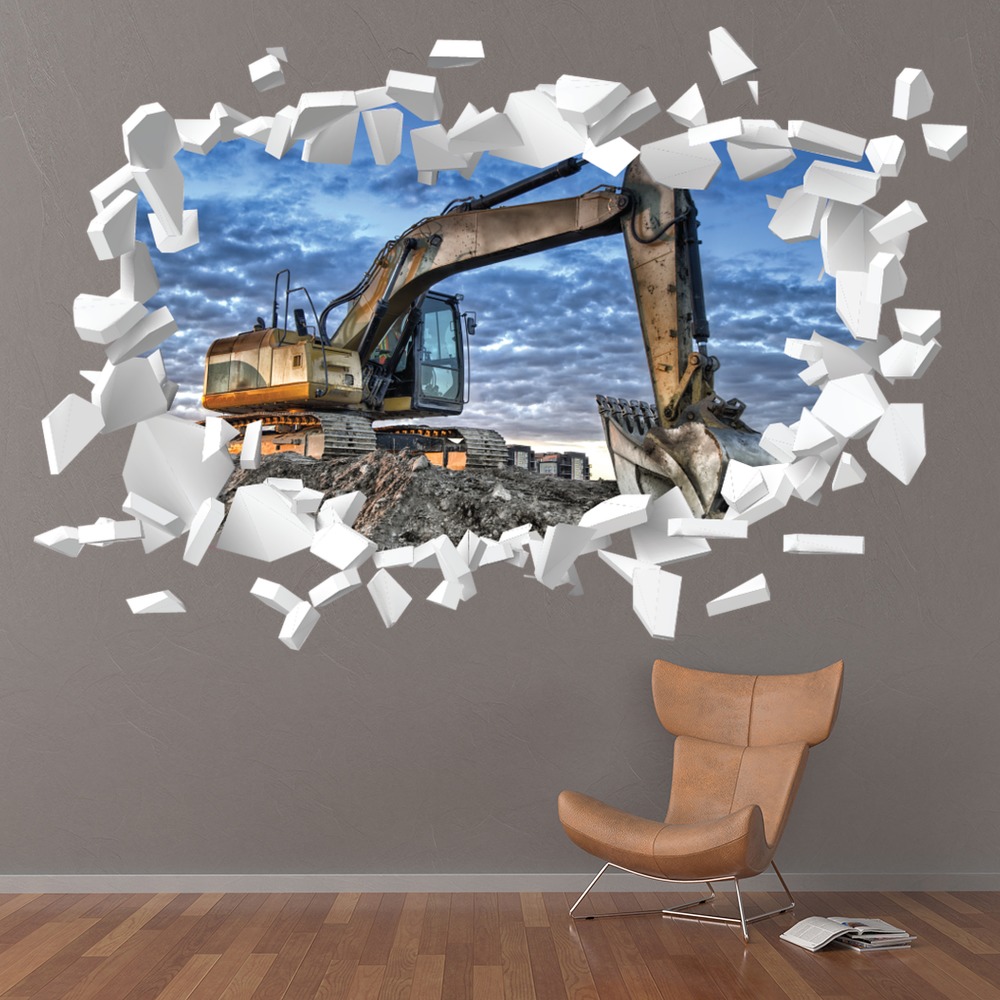 Construction Digger White Brick 3D Hole In The Wall Sticker | Icon Wall ...
